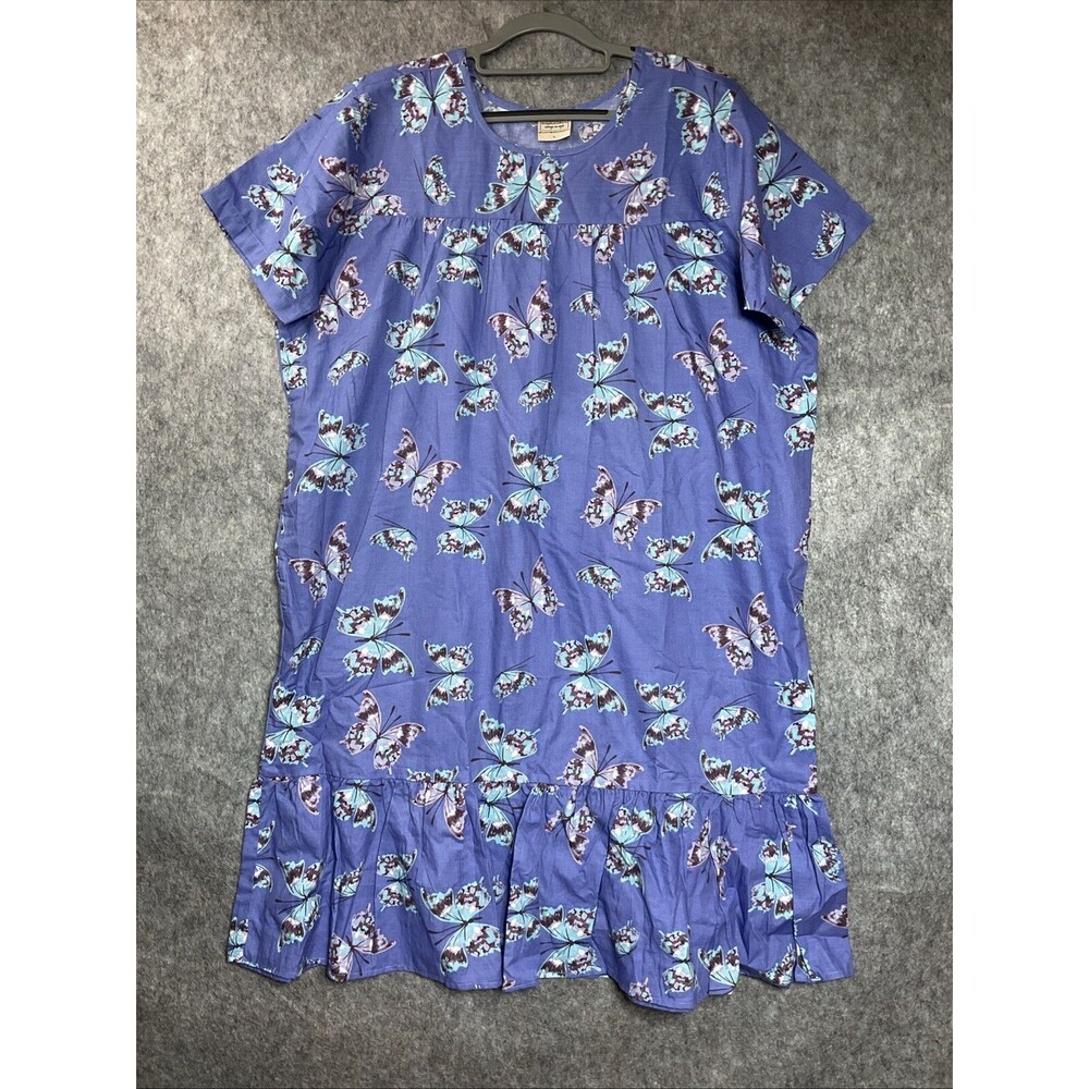Gold Coast Muumuu House Dress Women Large Blue Butterflies Pockets Midi Tropical
